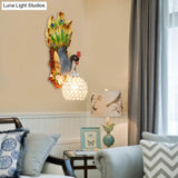 Antique Dome Crystal Wall Light: Bedroom Sconce Lamp With Peacock Backplate (Blue/Gold/White)
