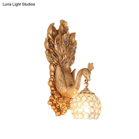 Antique Dome Crystal Wall Light: Bedroom Sconce Lamp With Peacock Backplate (Blue/Gold/White)