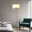 Antique Floor Lamp With White/Red Fabric Drum Shade Single Head And Rings Deco - Ideal For Parlor