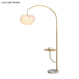 Antique Gold Arc Standing Lamp: Postmodern Metal Tray Floor Light With Feather Shade