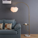 Antique Gold Arc Standing Lamp: Postmodern Metal Tray Floor Light With Feather Shade