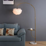 Antique Gold Arc Standing Lamp: Postmodern Metal Tray Floor Light With Feather Shade
