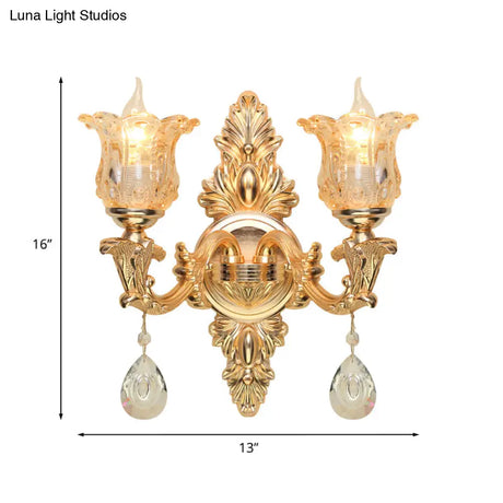 Antique Gold Bellflower Amber Glass Wall Lamp Kit With 2 Lights For Living Room Sconce