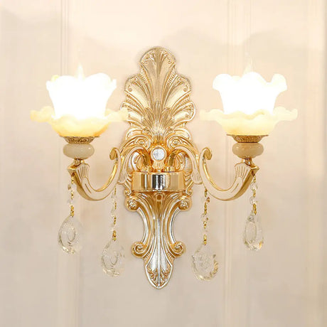 Antique Gold Glass Wall Light With Flower Texture And Crystal Accent For Living Room 2 / C