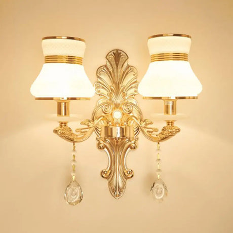 Antique Gold Glass Wall Light With Flower Texture And Crystal Accent For Living Room 2 / E