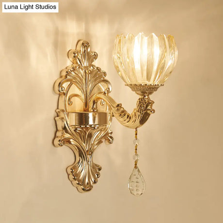 Antique Gold Glass Wall Light With Flower Texture And Crystal Accent For Living Room