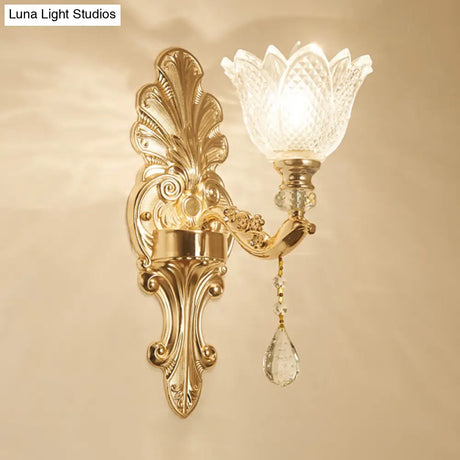 Antique Gold Glass Wall Light With Flower Texture And Crystal Accent For Living Room