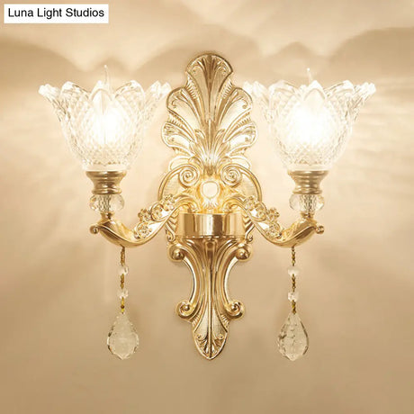 Antique Gold Glass Wall Light With Flower Texture And Crystal Accent For Living Room