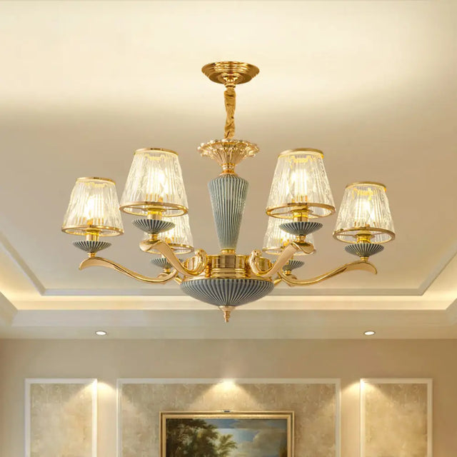 Antique Gold Ribbed Glass Chandelier - Elegant Bedroom Ceiling Pendant Lamp 6 /