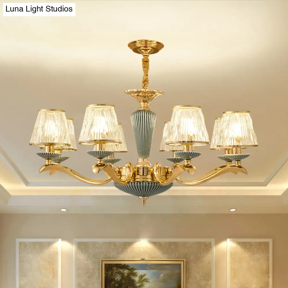 Antique Gold Ribbed Glass Chandelier - Elegant Bedroom Ceiling Pendant Lamp