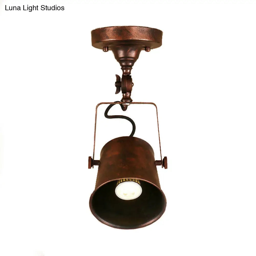 Antique Metal Bucket Shade Ceiling Lamp - Rotatable Semi Flush Pendant Light For Living Rooms 1