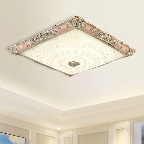 Antique Opaque Glass Led Square Flush Mount Light - Pink/Green Bedroom Ceiling Lamp Pink