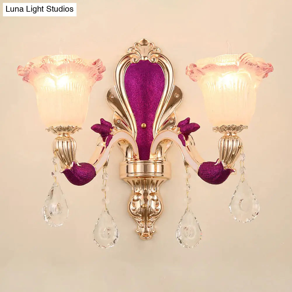 Antique Purple Glass Ruffle-Trimmed Wall Sconce With Double Heads Mount Light Fixture