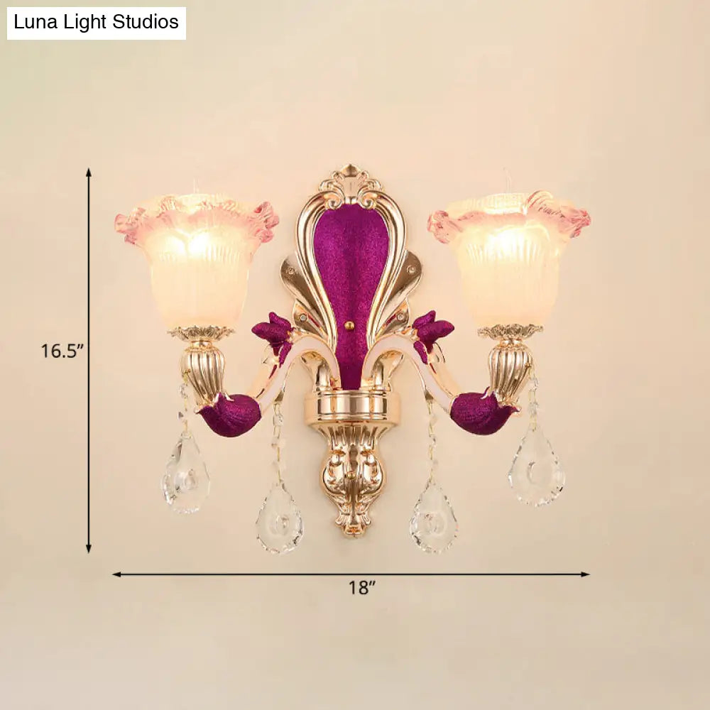 Antique Purple Glass Ruffle-Trimmed Wall Sconce With Double Heads Mount Light Fixture