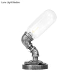 Antique Silver Industrial Desk Lamp With Clear/Amber Glass Capsule Shade And Curved Arm