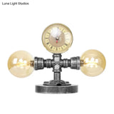 Antique Silver Round Shade Table Lamp With Clear/Amber Glass - Industrial Style 2 Lights And Sturdy