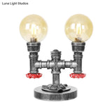 Antique Silver Round Shade Table Lamp With Clear/Amber Glass - Industrial Style 2 Lights And Sturdy