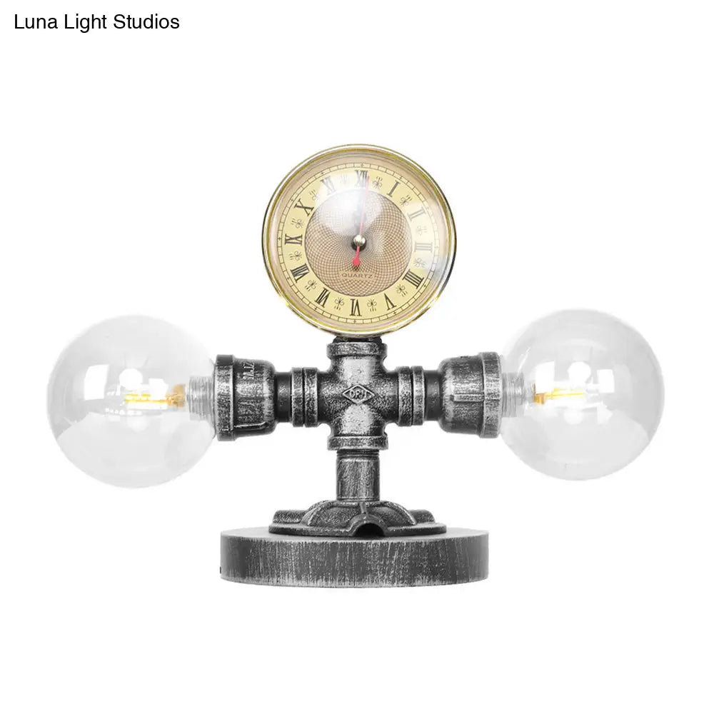 Antique Silver Round Shade Table Lamp With Clear/Amber Glass - Industrial Style 2 Lights And Sturdy
