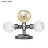 Antique Silver Round Shade Table Lamp With Clear/Amber Glass - Industrial Style 2 Lights And Sturdy
