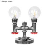 Antique Silver Round Shade Table Lamp With Clear/Amber Glass - Industrial Style 2 Lights And Sturdy