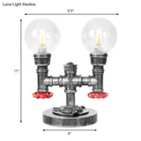 Antique Silver Round Shade Table Lamp With Clear/Amber Glass - Industrial Style 2 Lights And Sturdy