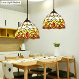 Antique Stained Glass Flower Pendant Light Fixture - Beige Suspension