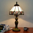 Antique Stained Glass White Table Lamp With Conical Shade & 1 Head - Elegant Nightstand Lighting For