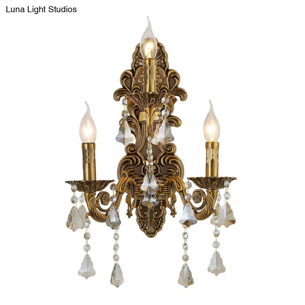 Antique Style 3-Light Candle Wall Sconce With Crystal Droplet - Metallic Mount Light