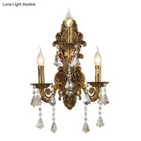 Antique Style 3-Light Candle Wall Sconce With Crystal Droplet - Metallic Mount Light