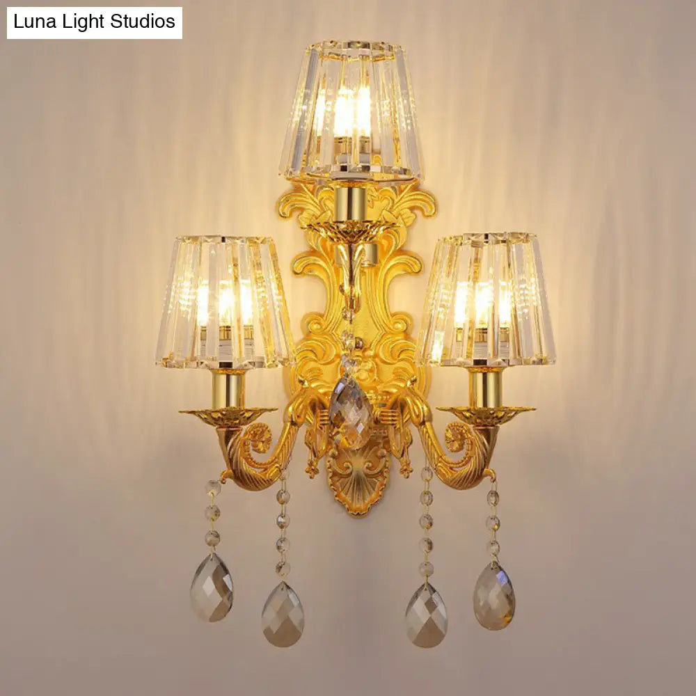 Antique Style 3-Light Candle Wall Sconce With Crystal Droplet - Metallic Mount Light