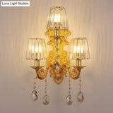 Antique Style 3-Light Candle Wall Sconce With Crystal Droplet - Metallic Mount Light