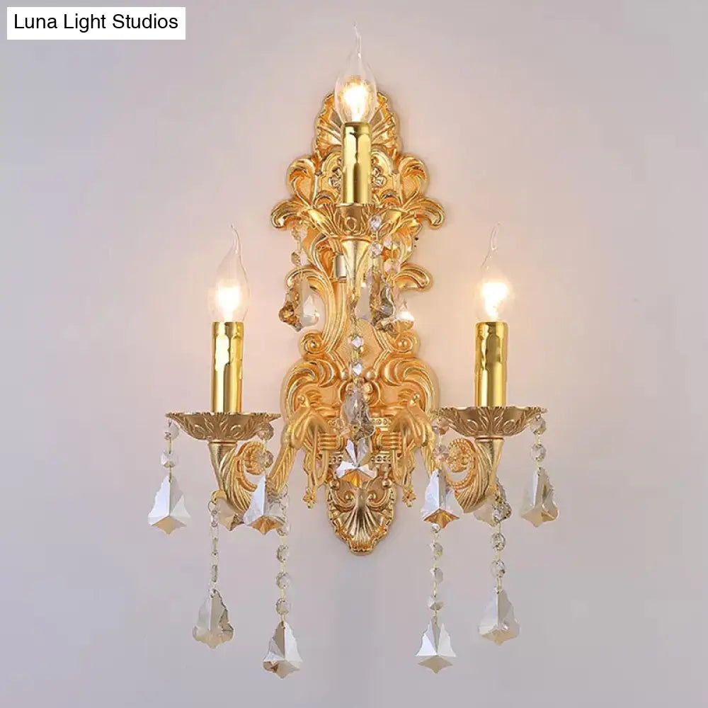 Antique Style 3-Light Candle Wall Sconce With Crystal Droplet - Metallic Mount Light