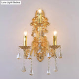 Antique Style 3-Light Candle Wall Sconce With Crystal Droplet - Metallic Mount Light