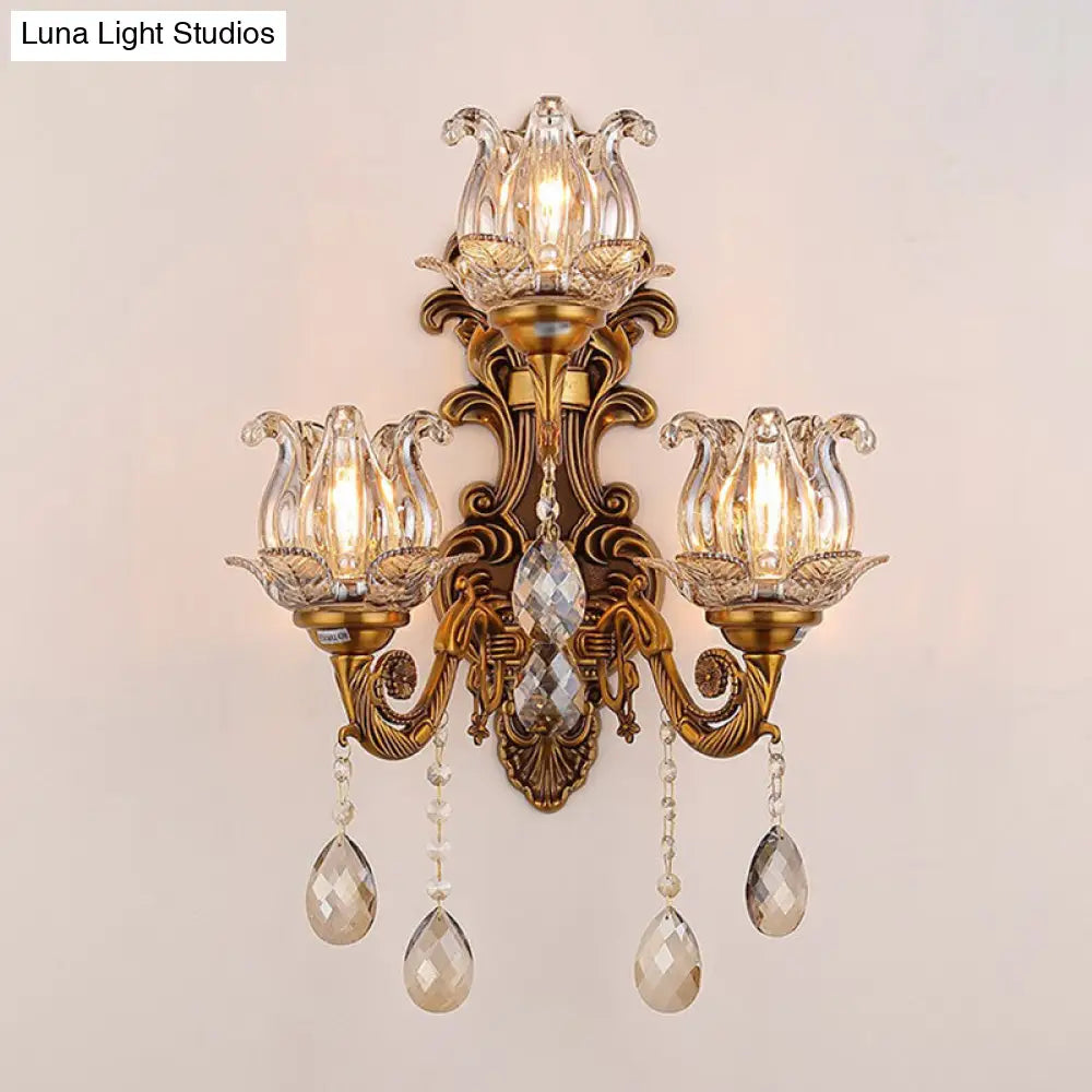 Antique Style 3-Light Candle Wall Sconce With Crystal Droplet - Metallic Mount Light