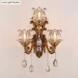 Antique Style 3-Light Candle Wall Sconce With Crystal Droplet - Metallic Mount Light
