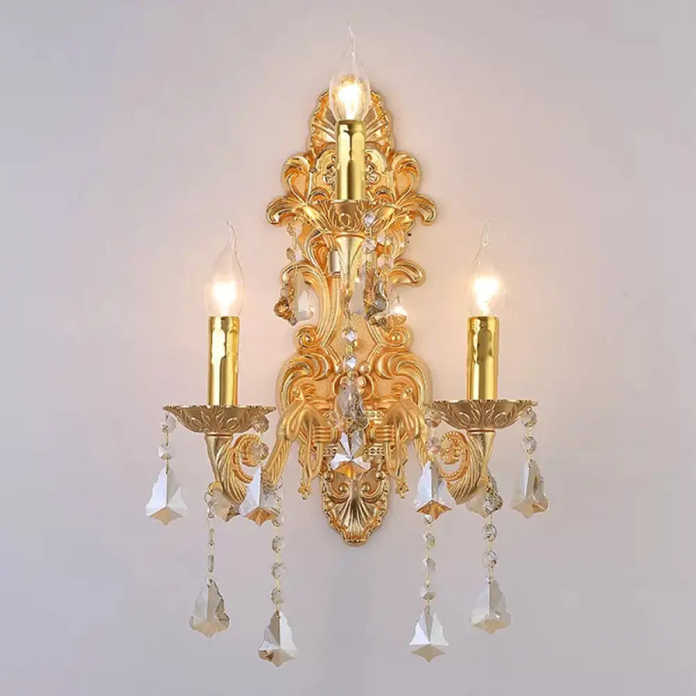 Antique Style 3-Light Candle Wall Sconce With Crystal Droplet - Metallic Mount Light Beige