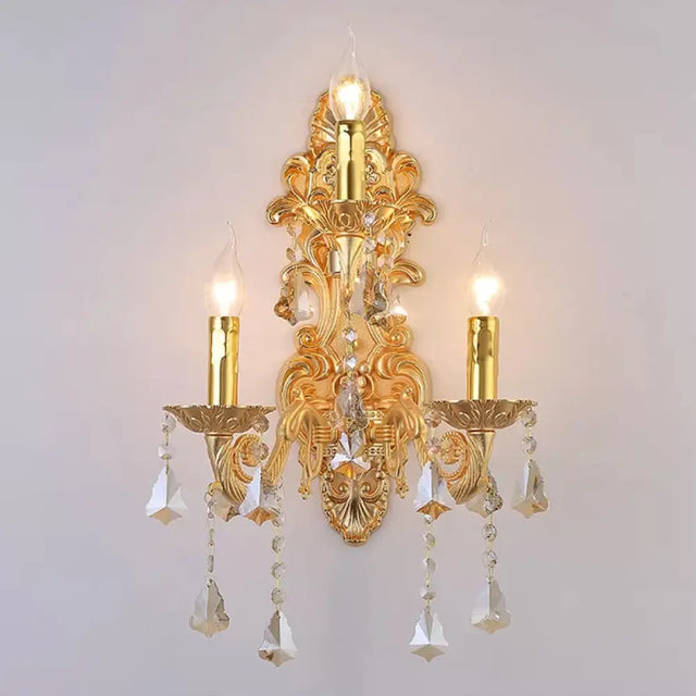 Antique Style 3-Light Candle Wall Sconce With Crystal Droplet - Metallic Mount Light Beige