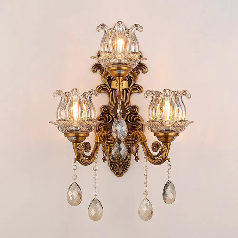 Antique Style 3-Light Candle Wall Sconce With Crystal Droplet - Metallic Mount Light Brown