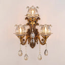 Antique Style 3-Light Candle Wall Sconce With Crystal Droplet - Metallic Mount Light Brown