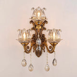 Antique Style 3-Light Candle Wall Sconce With Crystal Droplet - Metallic Mount Light Brown