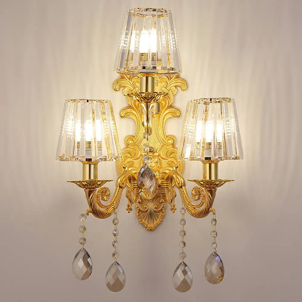 Antique Style 3-Light Candle Wall Sconce With Crystal Droplet - Metallic Mount Light Gold