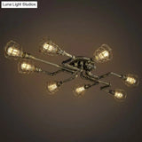 Antique Style 8-Light Bronze Twisted Pipe Ceiling Lamp With Cage Shade