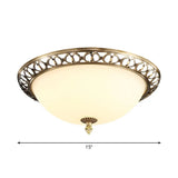 Antique Style Brass Finish 2-Head Ceiling Mount Light With Frosted Glass Dome - 13/15/19.5 Wide