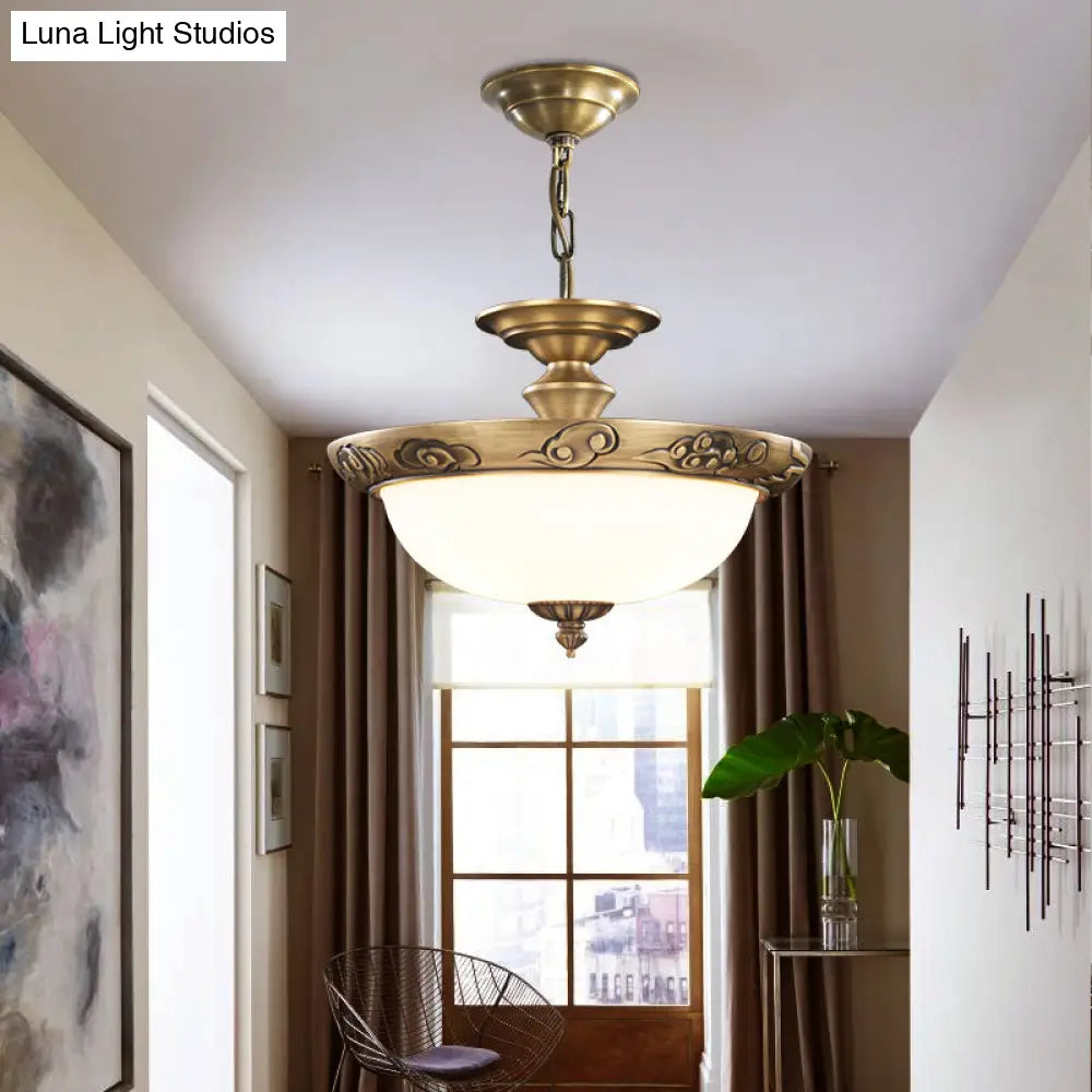 Antique Style Bronze Bowl Suspension Light With White Glass - Corridor Chandelier Pendant