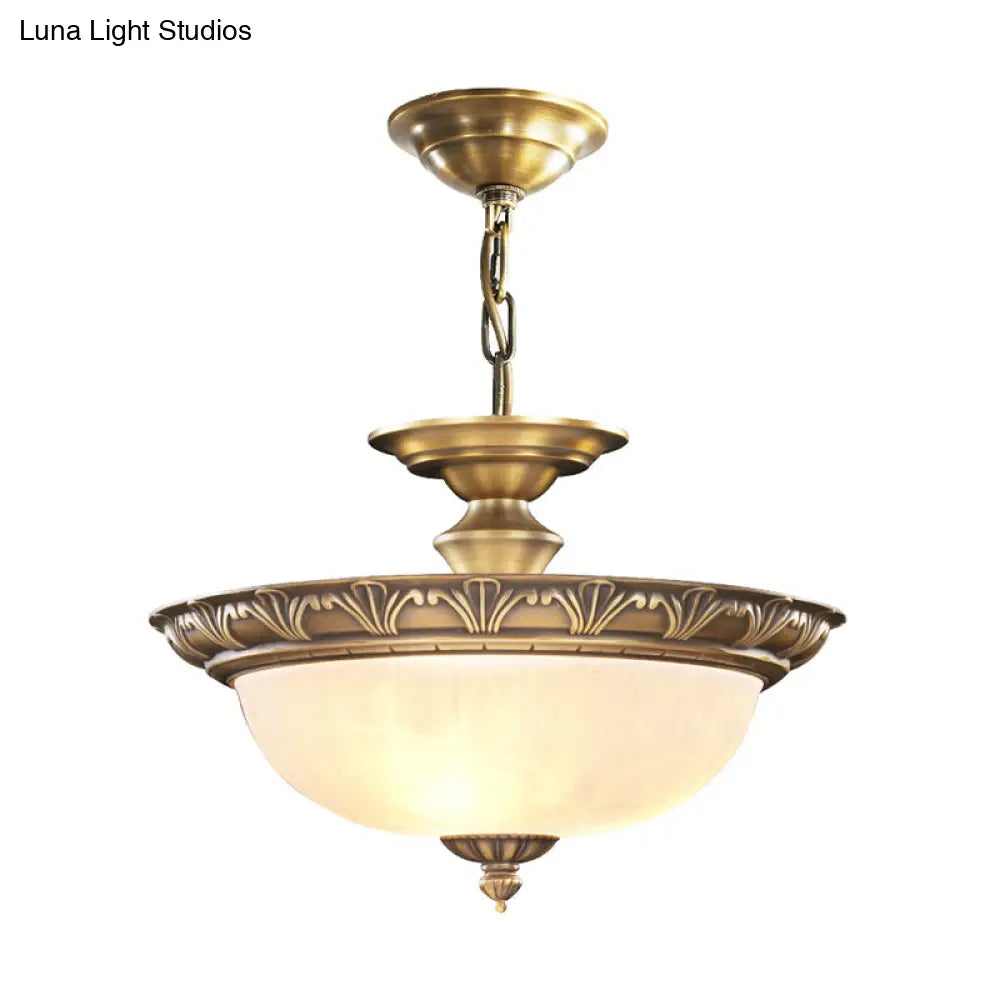 Antique Style Bronze Bowl Suspension Light With White Glass - Corridor Chandelier Pendant