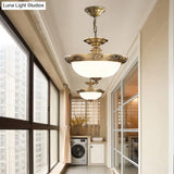 Antique Style Bronze Bowl Suspension Light With White Glass - Corridor Chandelier Pendant