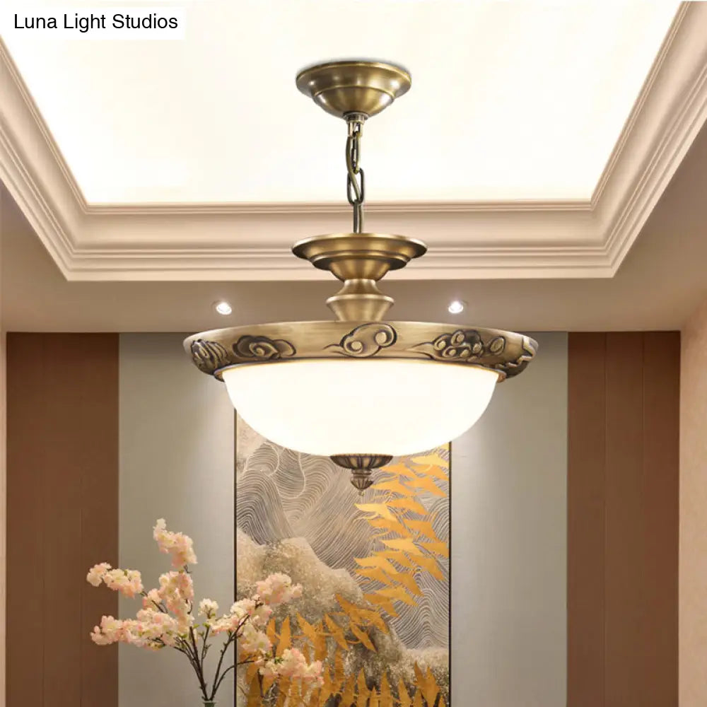 Antique Style Bronze Bowl Suspension Light With White Glass - Corridor Chandelier Pendant