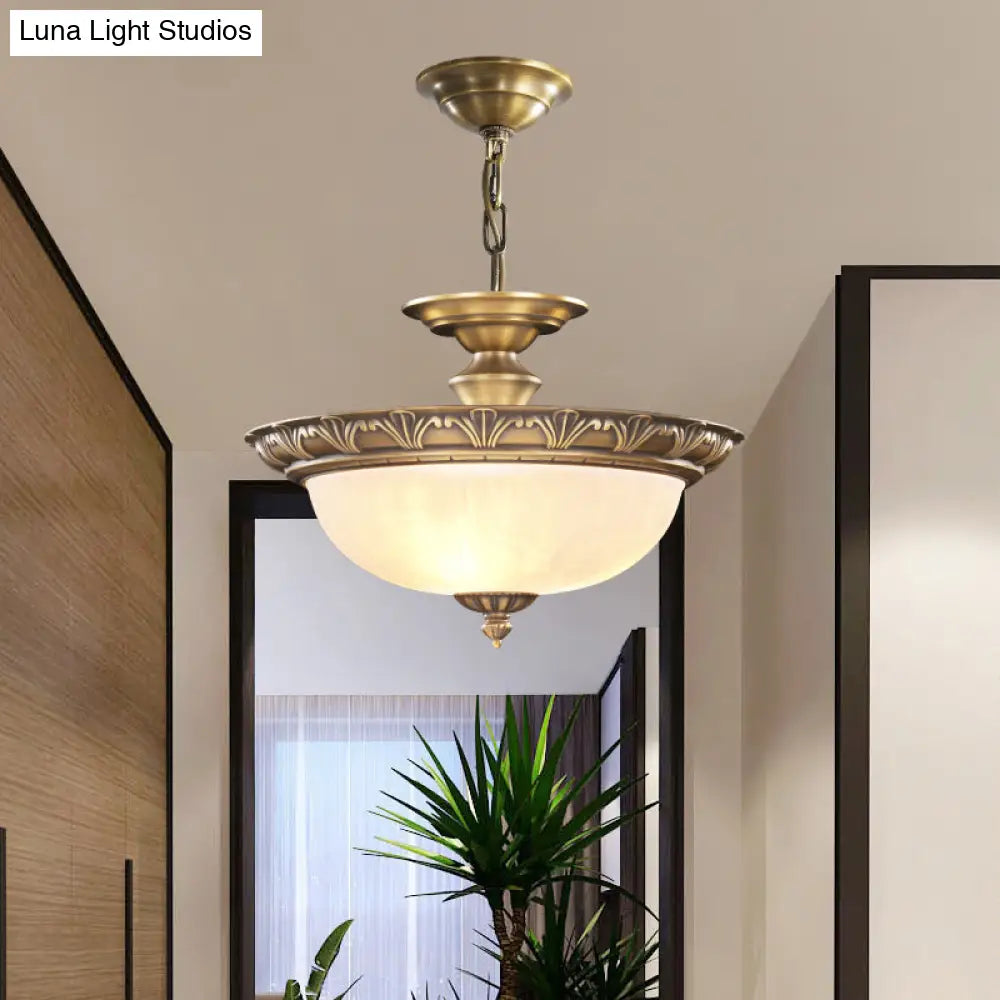 Antique Style Bronze Bowl Suspension Light With White Glass - Corridor Chandelier Pendant