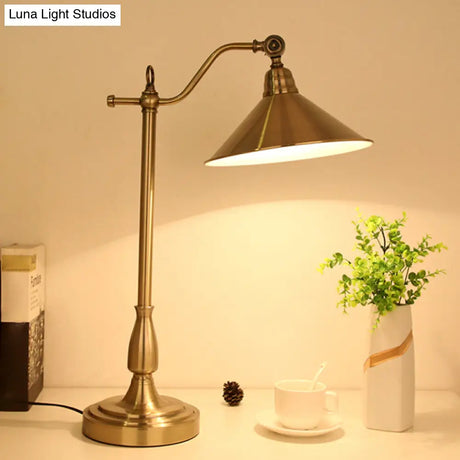 Antique-Style Bronze Conical Table Lamp With Rotary Joint: Metal Bedside Night Light