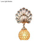 Antique Style Metal And Crystal Dome Wall Light With Silver Peacock Backplate